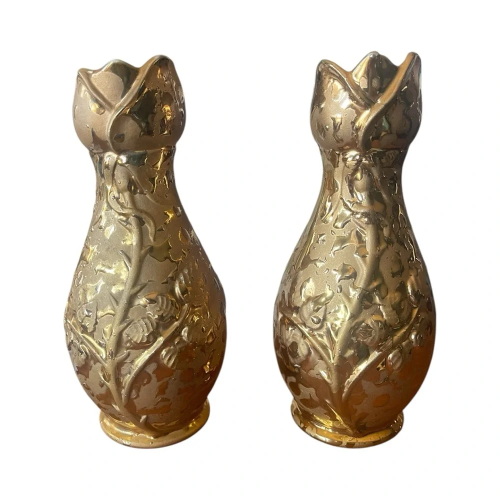 Vtg Weeping 24K Gold Embossed Vases Ceramic Pair 7.5